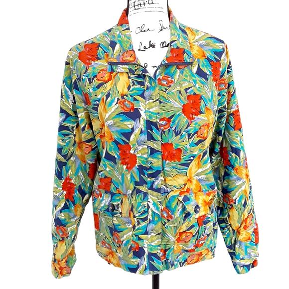 Vintage 80s Tropical Floral Full Zip Jacket 100% Linen Hawaii Womens Petite M - Picture 1 of 12